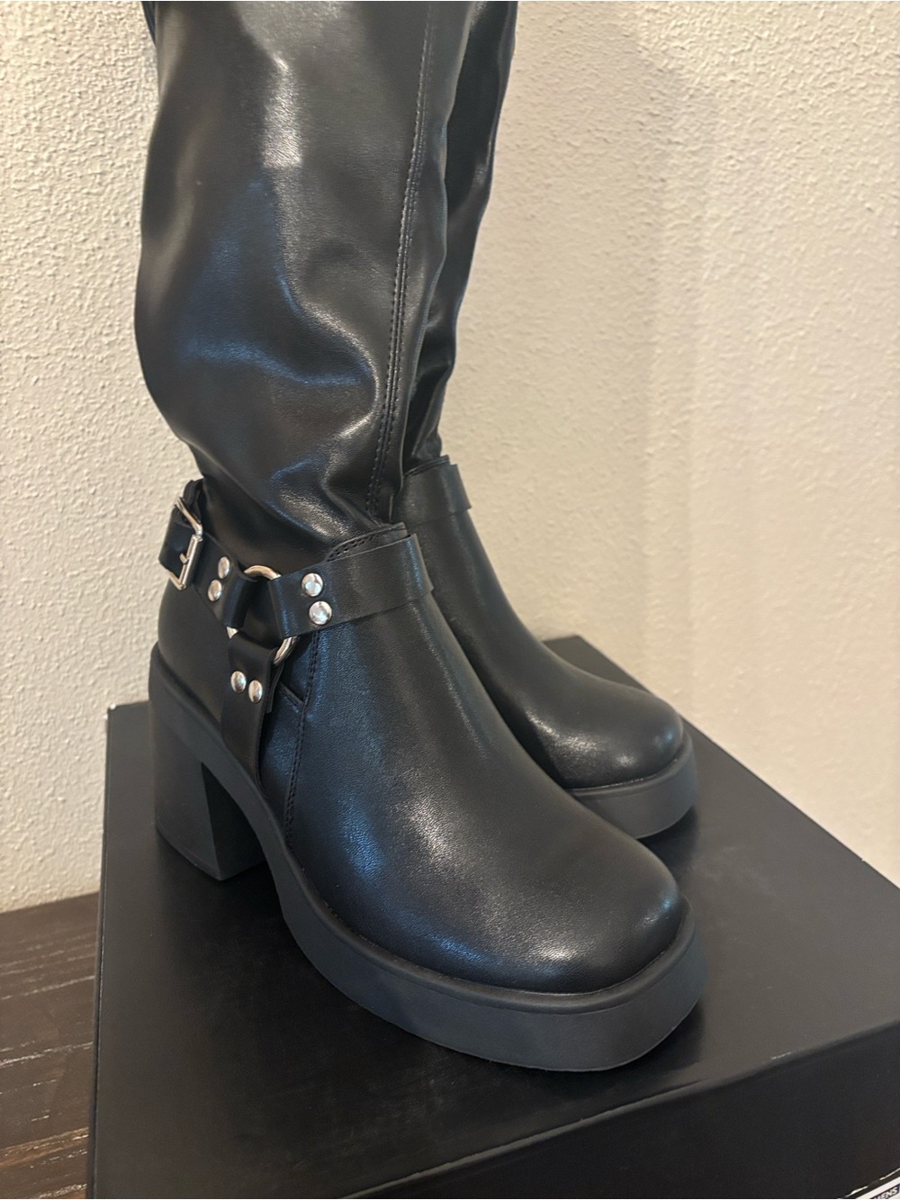 Madden NYC Women’s Black Platform Knee-High Heeled Boots with Buckle Strap